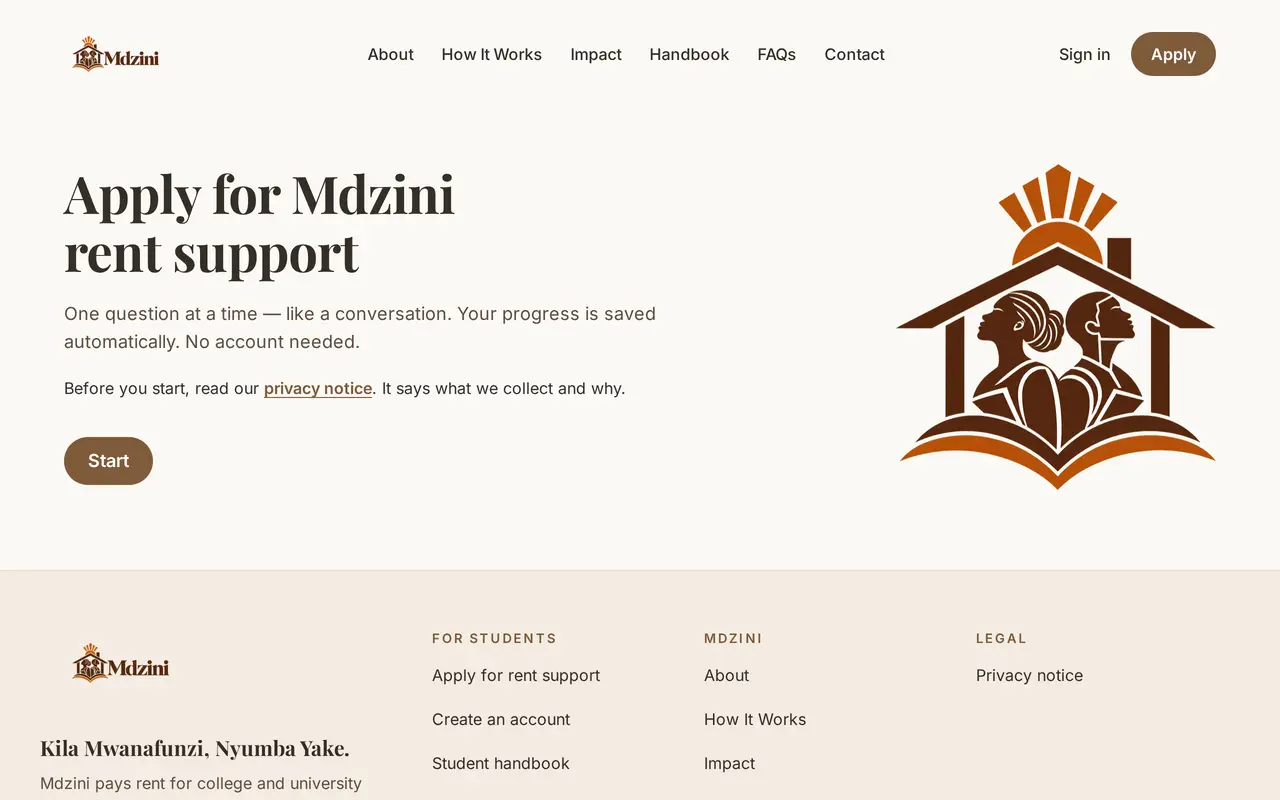 The first screen of the Mdzini application on a laptop: “Apply for Mdzini rent support”, a note that progress is saved automatically, a link to the privacy notice, a Start button and the Mdzini logo.