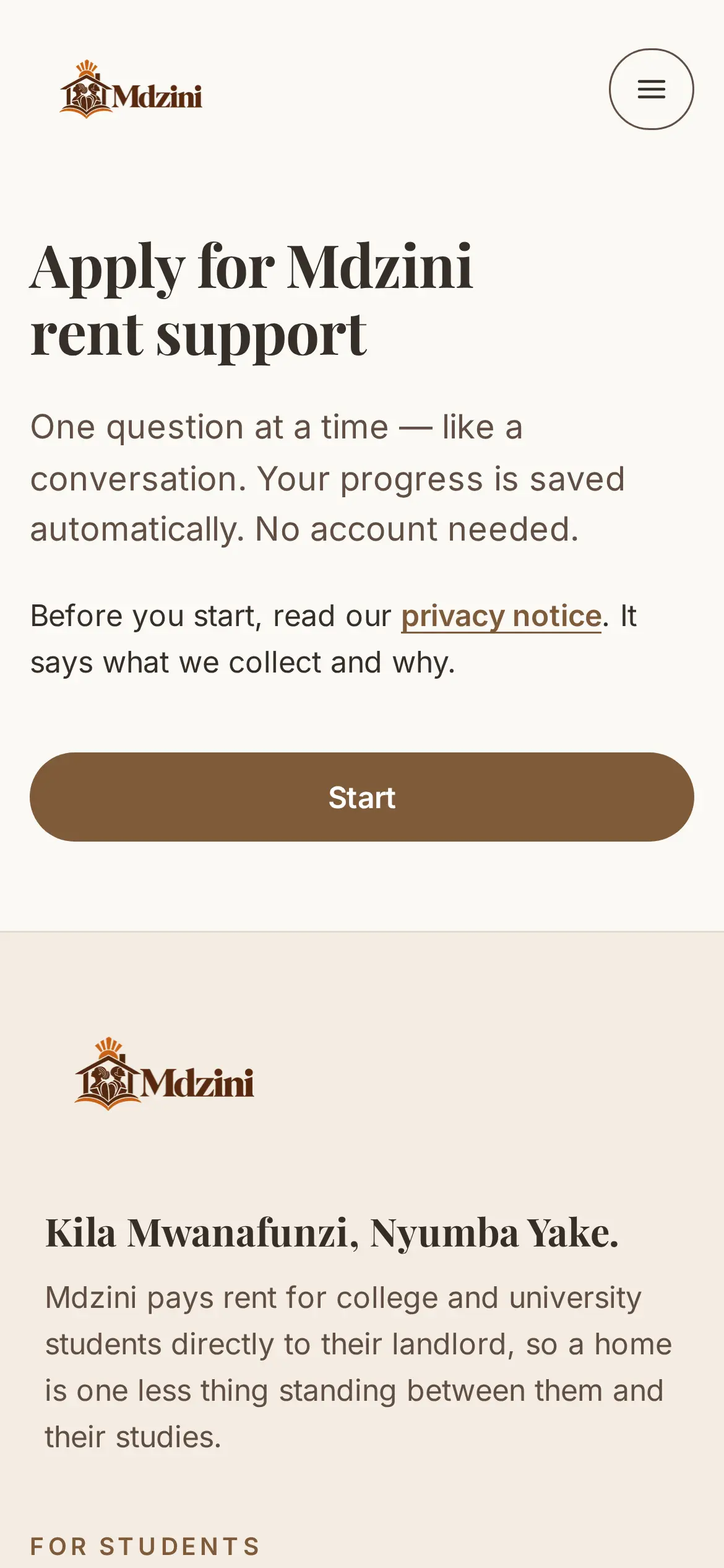 The first screen of the Mdzini application on a phone, with a full-width Start button.
