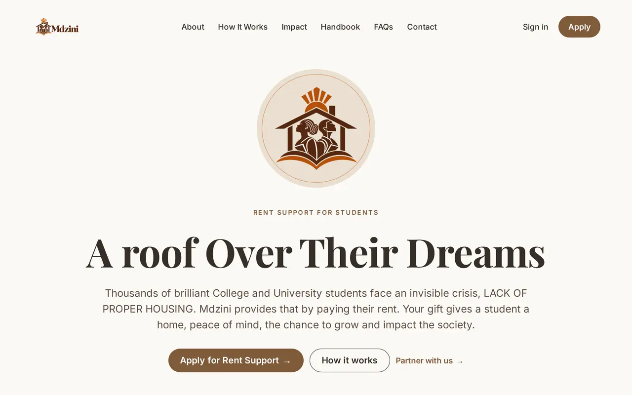 Mdzini’s home page on a laptop: the heading “A roof Over Their Dreams”, an Apply for Rent Support button and Mdzini’s logo, two students under a house roof and a rising sun, above an open book.