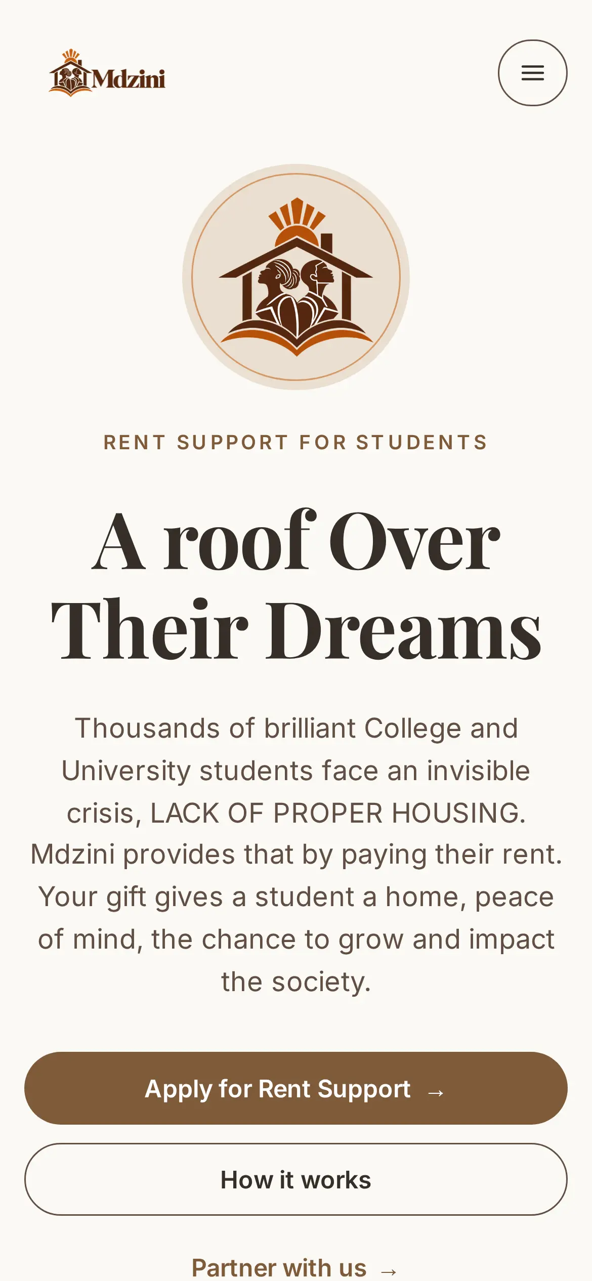 Mdzini’s home page on a phone: the Mdzini logo in a circle above the heading “A roof Over Their Dreams”, a short description and an Apply for Rent Support button.